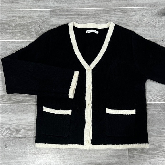OAK + FORT Sweaters - OAK + FORT Black Cardigan Cream Trim Old Money Chic Chanel Inspired Size M